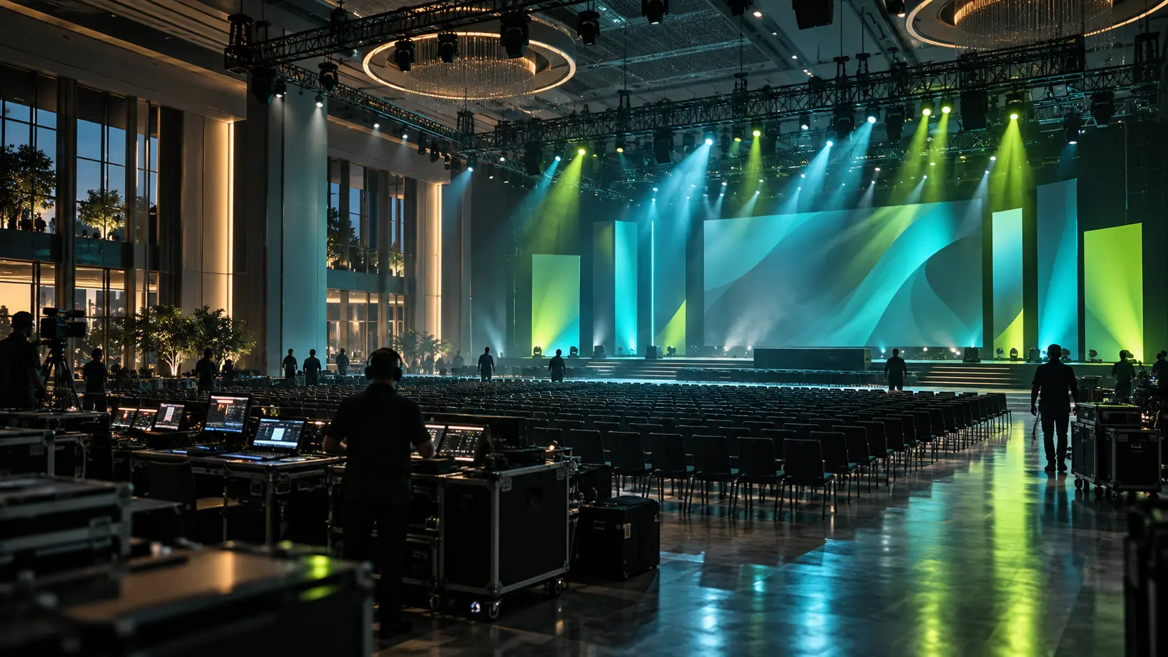 Equipe de produção preparando um grande evento corporativo
